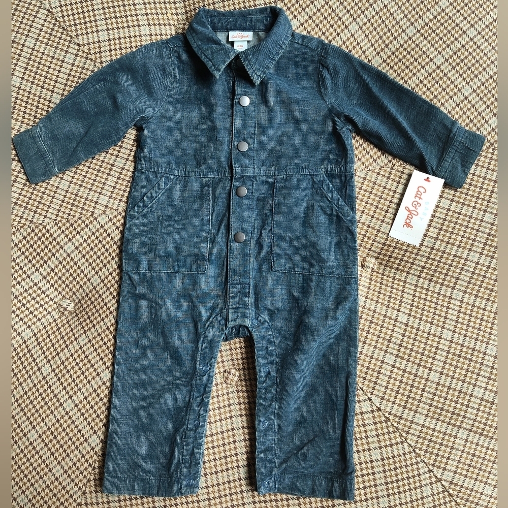 NWT Cat & Jack Blue Corduroy Long Sleeve Coveralls Romper | Metal Snaps | 6-9 Mo